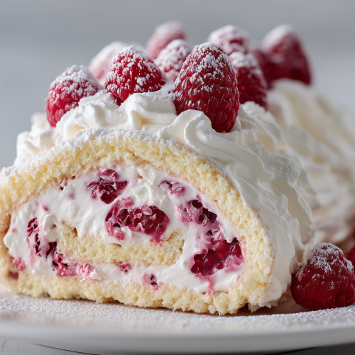 Roulé meringué à la framboise, avec de la crème chantilly et des frambroises fraiches saupoudrées de sucre en poudre