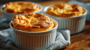 Soufflés au butternutt dans des ramequins, ils sont bien gonflés et dorés