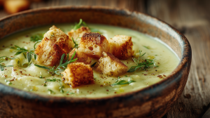 Soupe de poireaux aux pommes de terre dans un bol rustique avec des croutons et des herbes fraîches