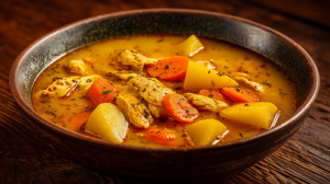 Soupe de poulet au paprika, dans un bol rustique, avec les morceaux de poulet, les carottes, les pommes de terres, et un peu d'herbes pour épicer