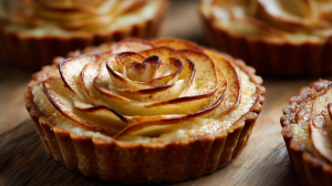 Tartelette aux pommes rôties saupoudrée de cannelle avec une base de pâte brisée au café