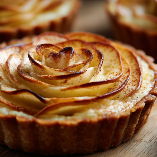 Tartelette aux pommes rôties saupoudrée de cannelle avec une base de pâte brisée au café
