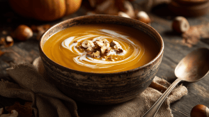 Velouté de potimarron aux noisettes servi dans un bol rustique, avec des éclats de noisette et de la crème