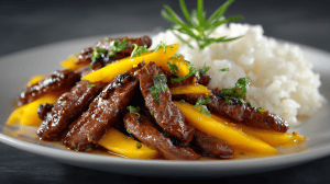 Aiguillettes de canard sauce à la mangue servies avec du riz blanc.