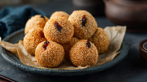 Beignets aux graines de sésame à la chinoise, fourrés de de pâte de haricots rouges, bien dorés et croustillants.