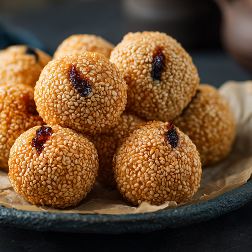Beignets aux graines de sésame à la chinoise, fourrés de de pâte de haricots rouges, bien dorés et croustillants.