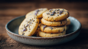 Biscuits à la lavande, dans une assiette rustique, on voit bien les graines de lavande dans les biscuits