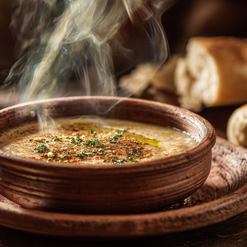 Bol rustique avec de la Bissara, une soupe marocaine à base de purée de fèves, servie chaude avec de l'huile d'olive et du cumin.