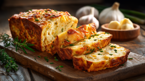 Cake au Cantal et pommes de terre avec des tranches coupées.