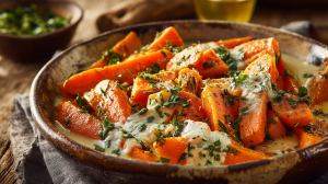 Carrottes coupées en morceaux et bien revenues, avec une sauce fromagère et des feuilles d'oseille, servies dans une assiette rustique