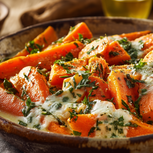 Carrottes coupées en morceaux et bien revenues, avec une sauce fromagère et des feuilles d'oseille, servies dans une assiette rustique