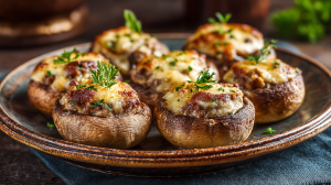 Champignons farcis au pâté de foie, bien gratinés sur une assiette avec des herbes fraiches pour la présentation