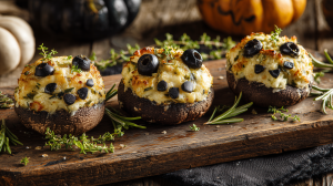 Champignons rigolos d'Halloween, avec des yeux en forme d'olives.