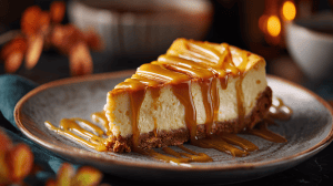 Cheesecake au potiron avec du caramel coulant par dessus, une part servie sur une assiette.