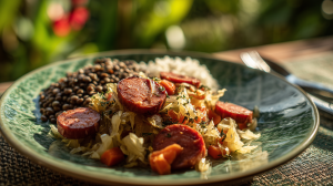 Choucroute créole servie dans une assiette avec du riz et des lentilles, avec les tranches de saucisse et le chou blanc