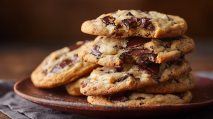 cookies moelleux aux morceaux de chocolat, empilés sur une assiette