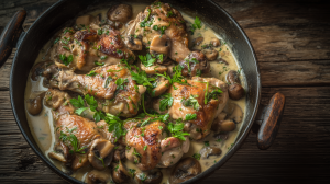 Cuisses de lapin aux champignons dans une casserole en fonte, avec une sauce bien crémeuse
