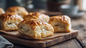 Feuilletés aux champignons de Paris fraichement sortis du four, bien dorés, présentés sur une planche en bois