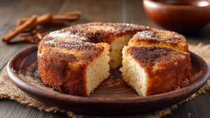 Gâteau à la cannelle avec une part coupée.
