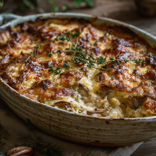 Gratin de chicon aux champignons dans un plat à gratin, bien grillé.