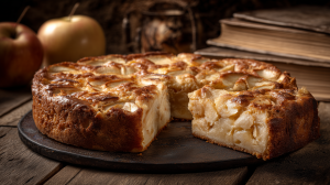 Moelleux aux pommes, avec une part coupée, gâteau aux pommes moelleux et ultra rapide présenté sur un plat, servi pour le goûter des enfants, ou en dessert.