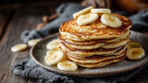 Pancakes au milkshake protéiné présentés sur une assiette avec des rondelles de banane. Des pancakes protéinés parfait après le sport, faits directement avec de la poudre de milkshake protéinée.