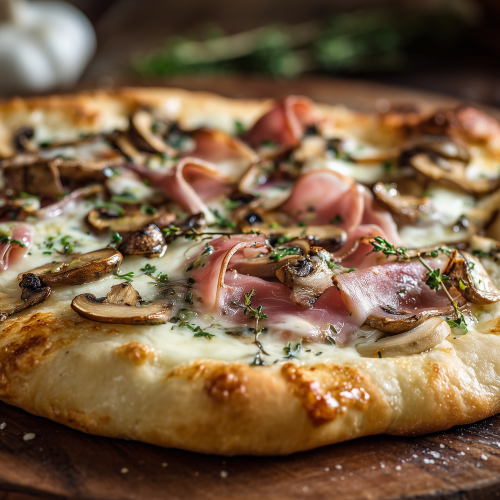 Pizza reine au beurre d'ail bien dorée à la sortie du four. On voit bien le jambon fin, les champignons et le fromage fondant.