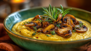 Polenta au potiron et aux champignons, servie dans un bol, les champignons sont bien dorés par dessus la polenta aux teintes automnales orangées