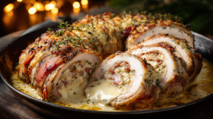 Rôti Orloff : rôti de porc fourré avec du lard et du fromage. Servi dans un plat, avec le fromage fondant qui sort des tranches coupées