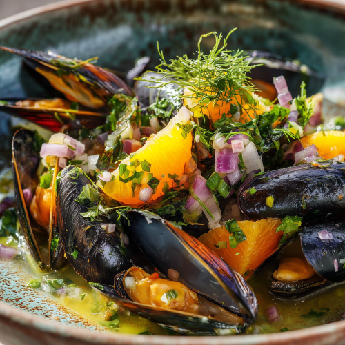 Salade de moules à l'orange servie dans une assiette rustique, avec des oignons frais et des herbes fraiches