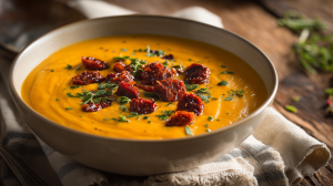 Soupe de citrouille avec des morceaux de chorizo croustillant, servie dans un bol.
