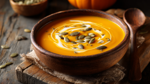 Soupe de potimarron servie dans un bol rustique, avec des graines de courges torréfiées et un filet de crème