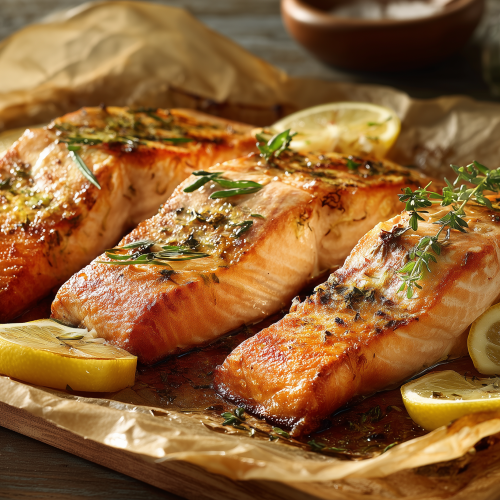 Suprême de saumon au four cuit sur du papier sulfurisé avec des rondelles de citron