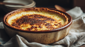 Tarte à la bechamel bien dorée dans un plat à tarte rustique.
