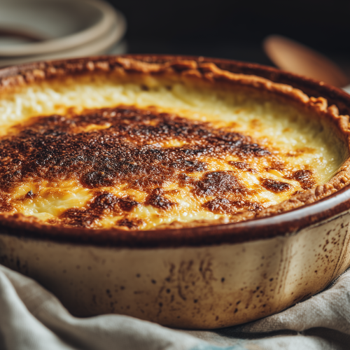 Tarte à la bechamel bien dorée dans un plat à tarte rustique.