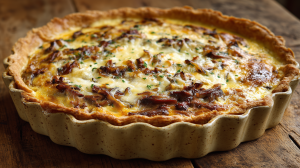 Tarte aux poireaux, lardons et champignons, bien dorée, sortie du four.