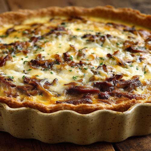 Tarte aux poireaux, lardons et champignons, bien dorée, sortie du four.