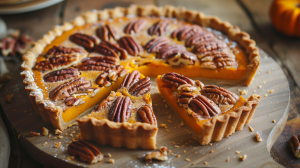Tarte au potimarron et aux noix de pecan avec des parts coupées pour voir la texture fondante du coeur à la courge, et les noix de pécan grilées par dessus