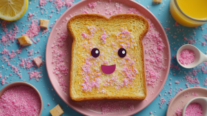 Tartine de beurre façon lapin rose, avec du sucre rose et des petits stickers pour faire des yeux et une bouche