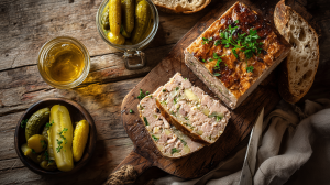 Terrine au porc et au veau présenté sur une table rustique, avec des tranches coupées