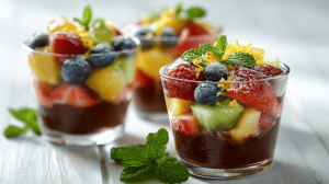 Verrines au chocolat fondu, à la salade de fruits et au miel, disposées dans de beaux verres avec des feuilles de menthe. La salade de fruit est composée de fraises, framboises, myrtilles, pêches, kiwis...