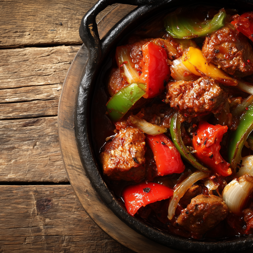 Axoa de veau dans une cocotte en fonte. plat typique du Pays Basque, avec des beaux morceaux de veau et des poivrons
