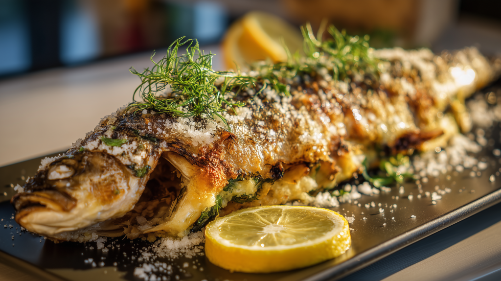 bar en croûte de sel, servi sur une ardoise avec des herbes fraîches et du citron