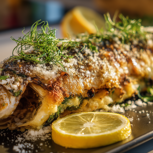 bar en croûte de sel, servi sur une ardoise avec des herbes fraîches et du citron