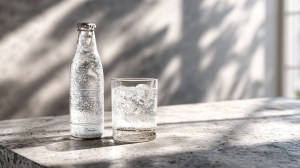 bouteille en verre d'eau péatillante avec un verre