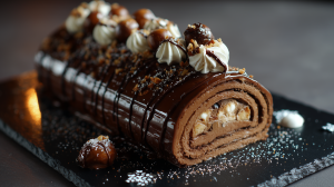 Bûche aux marrons servie dans un plat élégant, avec des belles décorations et un nappage au chocolat