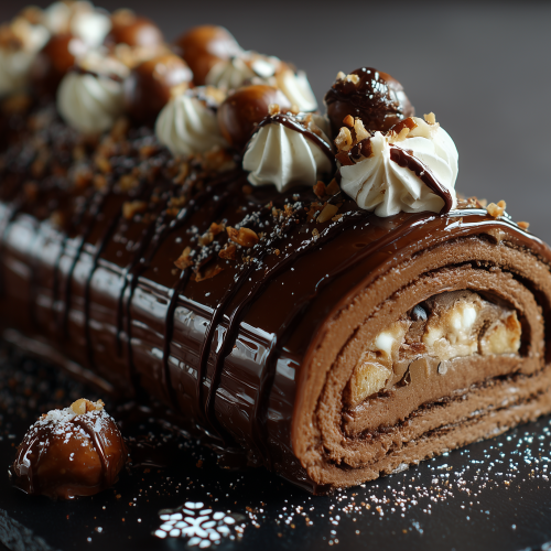 Bûche aux marrons servie dans un plat élégant, avec des belles décorations et un nappage au chocolat