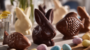 chocolats de pâques faits maison : lapin, poissons, poules... au choclat noir,au chocolat au lait ou au chocolat blanc. Petits oeufs sucrés colorés pour les garnir.