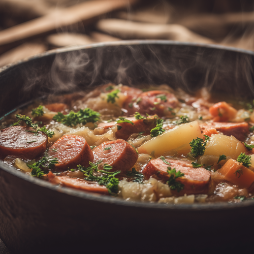 choucroute de navets servie dans une cocotte en fonte avec des saucisses fumées
