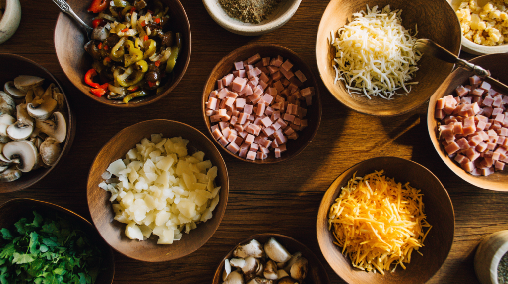 ingrédients pour crêpe party salée, jambon, oignons, fromages...